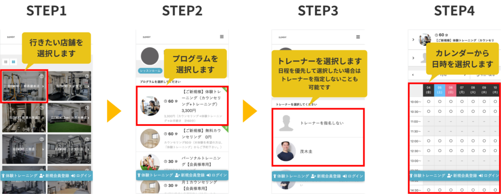 パーソナルジムの予約ステップの説明画像。PC版
