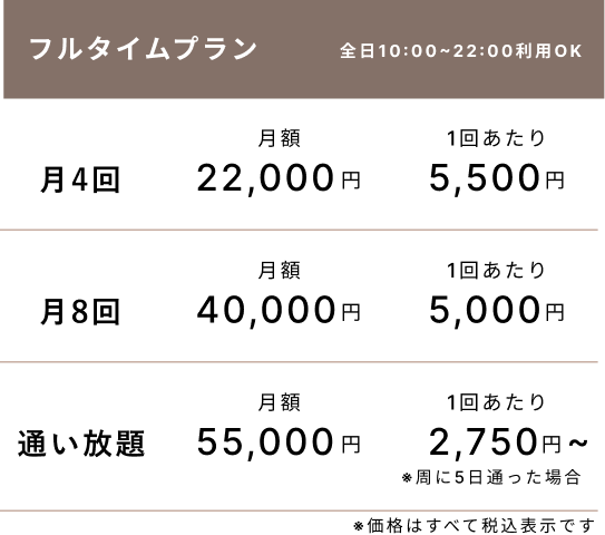 ELEMENT立川店のフルタイムプラン